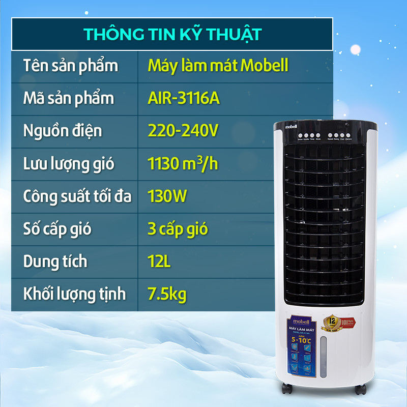 Quạt Điều Hòa Không Khí, Máy Làm Mát Mobell 3116A Với 3 Cấp Gió, Công Suất 130W, Dung Tích 12L Có Remote, Tiết Kiệm Điện Giúp Làm Sạch Không Khí - Hàng Chính Hãng