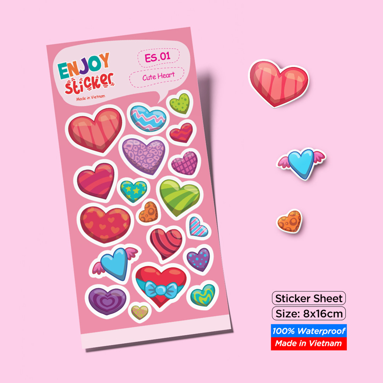 ES01 Cute Heart Enjoy sticker sheet hình dán chống thấm nước Made in Vietnam Sticker Factory