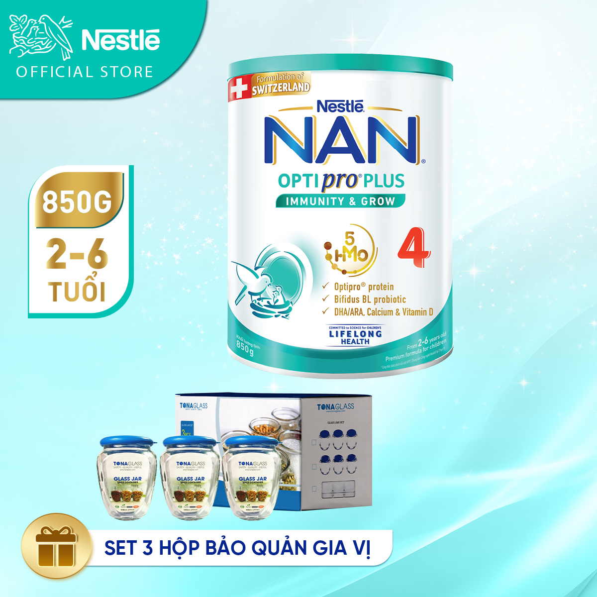 Sữa bột Nestlé NAN OPTIPRO PLUS 4 850g/lon với 5HMO Giúp tiêu hóa tốt + Tăng cường đề kháng (2 - 6 tuổi) - Tặng Bộ 3 hủ thủy tinh