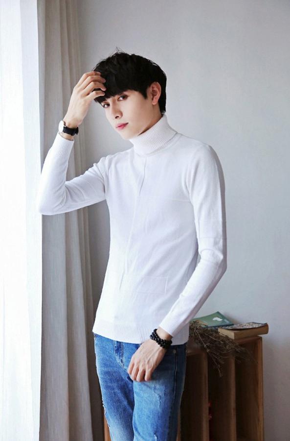 Áo thun len tay dài AT406 trắng cổ cao phối viền