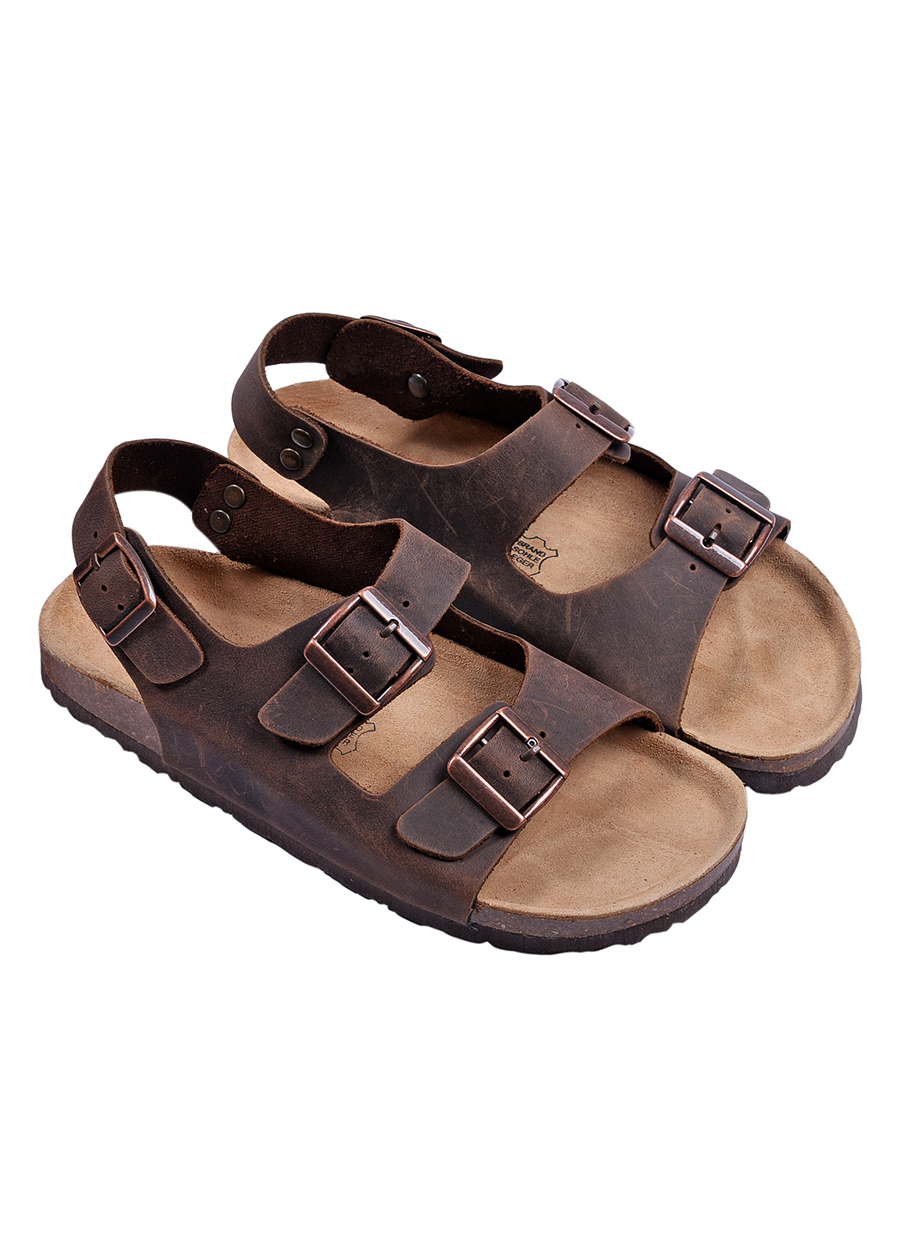 Giày Sandal Nữ 2 Khóa Da Bò Nâu Đế Trấu HuuCuong 2166