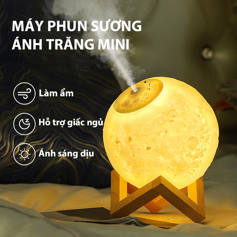 Máy Xông Tinh Dầu Mặt Trăng 3D - Máy khuếch Tán Phun Sương Tích Hợp Đèn Trang Trí Đèn Ngủ 3 Chế Độ Sáng -Hàng Chính Hãng