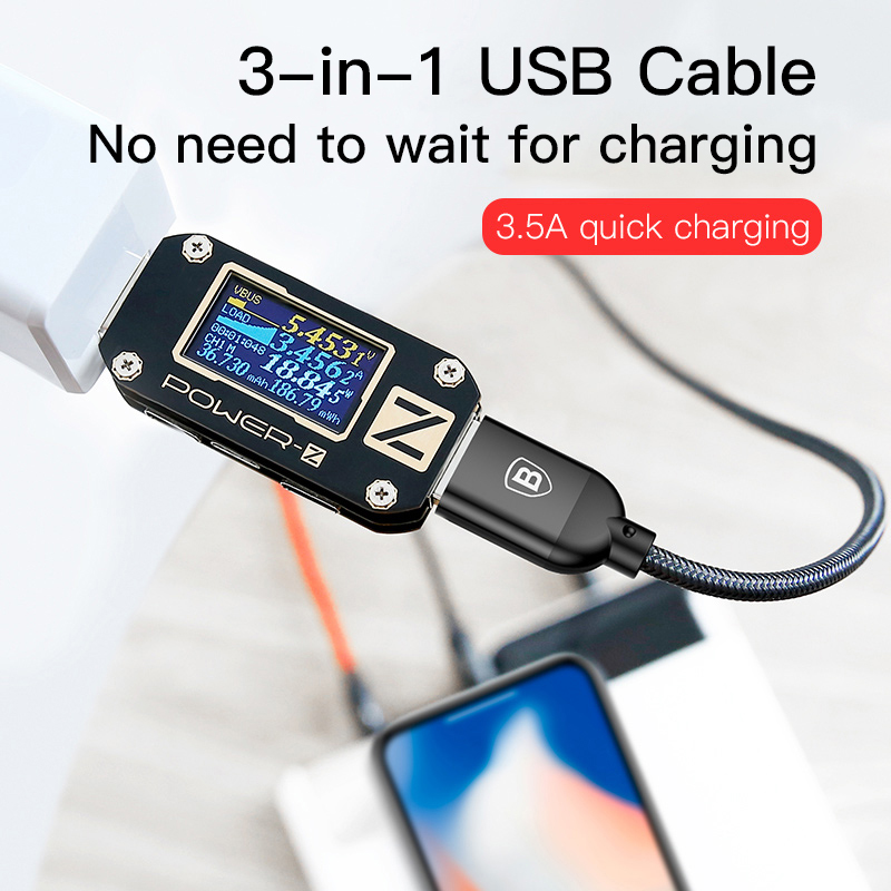 Dây cáp sạc 3 in 1 Baseus Micro USB, Type-C, Lightning sạc cùng lúc 3 thiết bị thế hệ mới - Hàng chính hãng