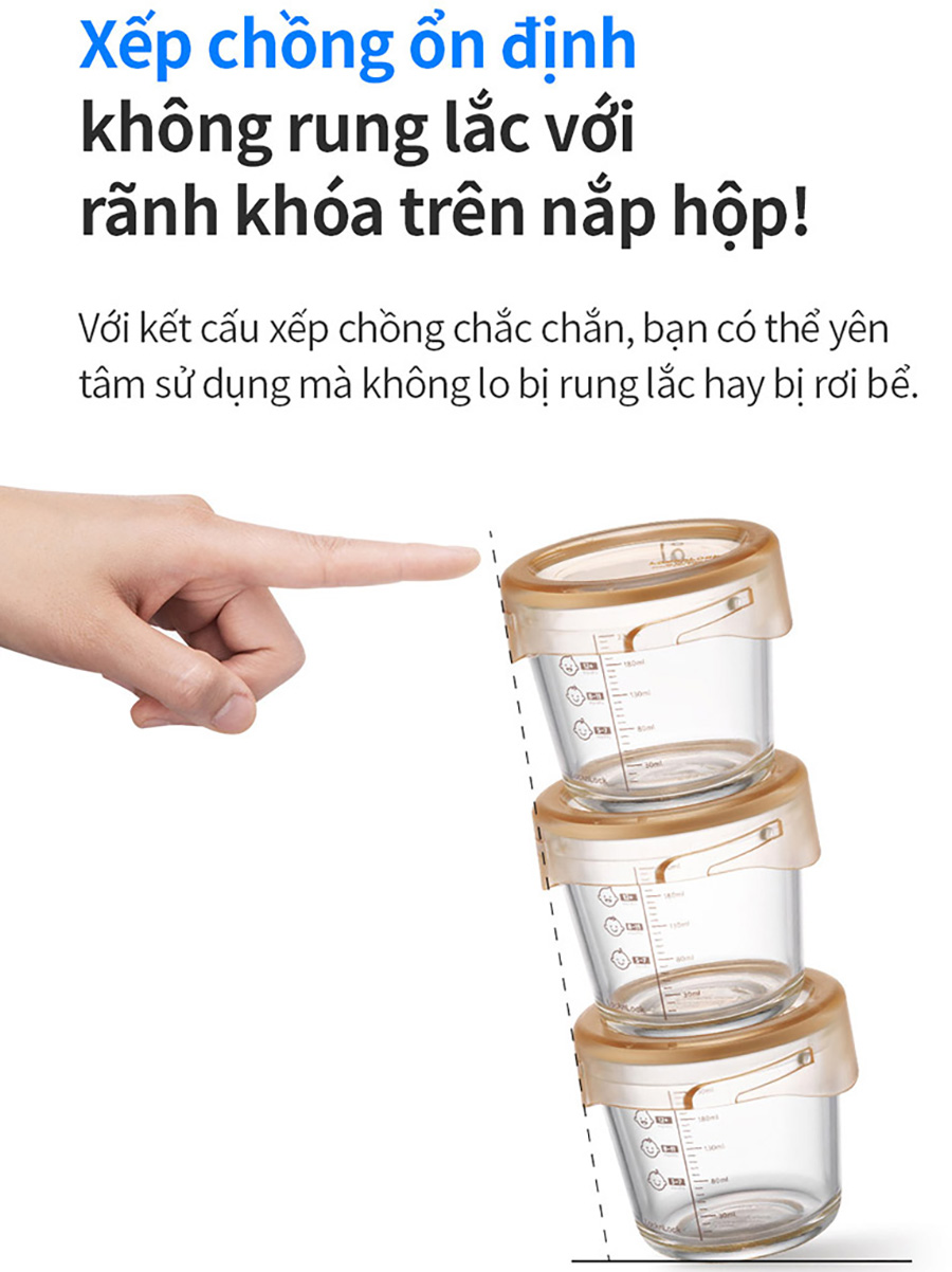 Bộ 3 hộp thủy tinh đựng thực phẩm cho bé LocknLock Baby Food container LLG542S3IVY - 280ml, Nắp vặn chống tràn, chất liệu không BPA an toàn cho trẻ em, có vạch chia - Hàng chính hãng