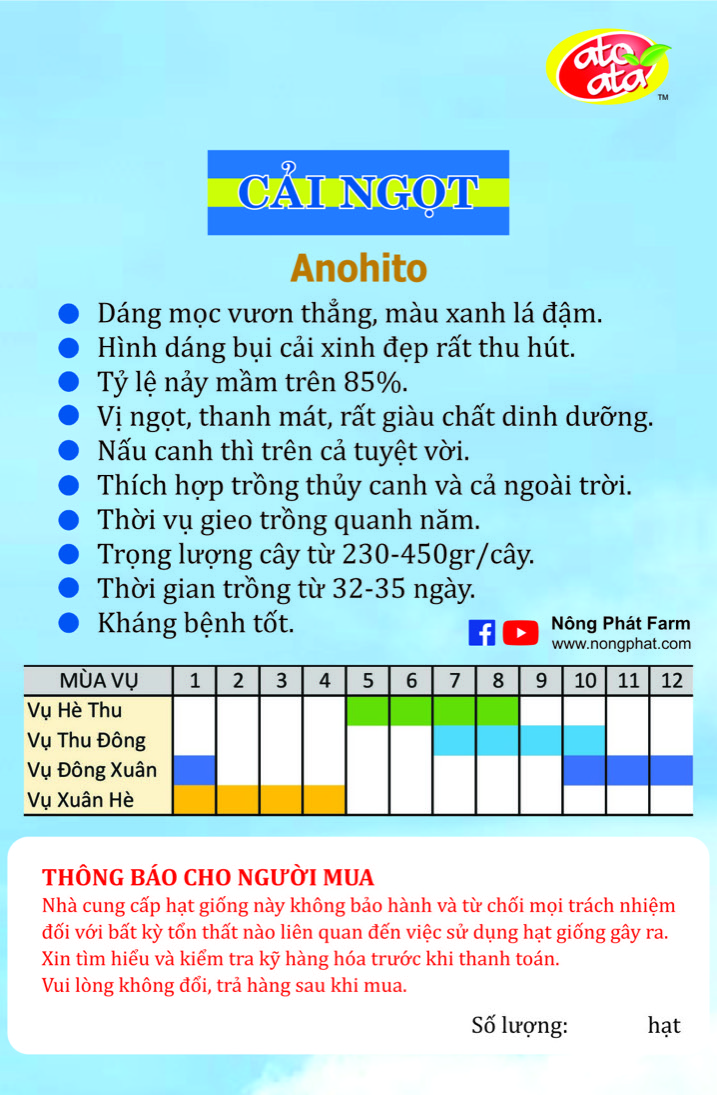 Hạt giống Rau Cải Ngọt ANOHITO - Giống Nhật Bản Chất Lượng Cao F1 - Nảy Mầm Cao
