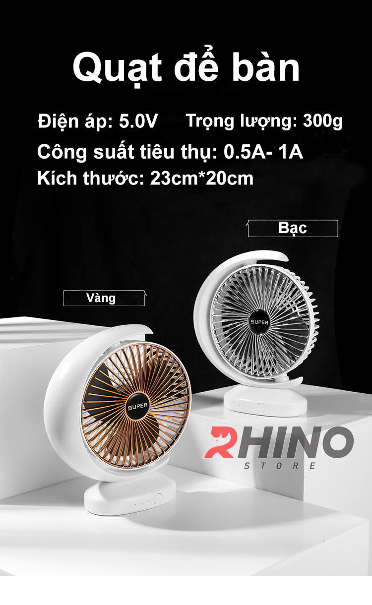 Quạt để bàn văn phòng Mini Rhino F101 tích điện 3 chế độ gió hình bán nguyệt - Hàng chính hãng