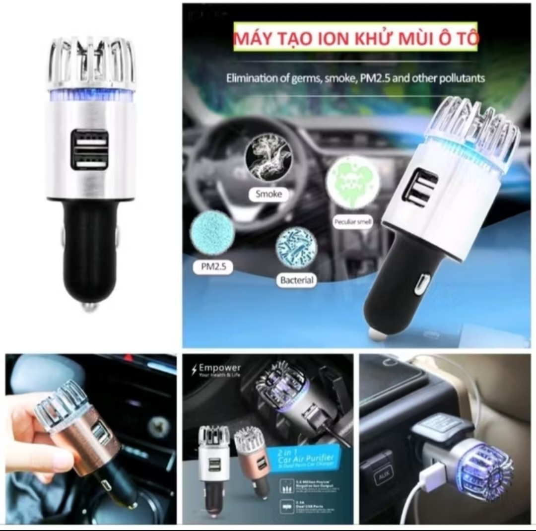 1 CÁI TẨU SẠC ĐIÊN THOAI KIÊM LỘC KHÔNG KHÍ KHỬ MÙI DIỆT KHUẨN TRÊN Ô TÔ