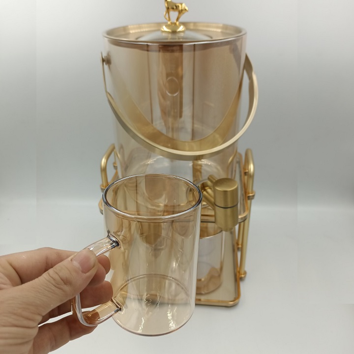 Bình Nước Thuỷ Tinh Borosilicate Hình Hươu Kèm 4 Cốc Và Giá Đỡ Mạ Vàng , Sang Trọng Tinh Tế, Decor nhà cửa