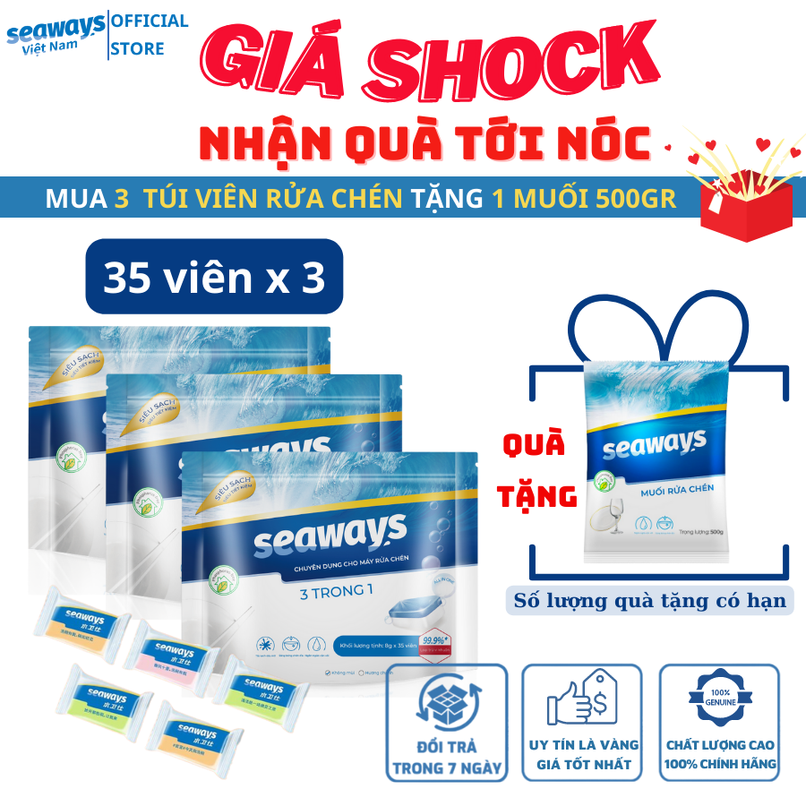 3 túi viên rửa chén Seaways tặng 1 túi muối 500gr- Dành cho mọi loại máy rửa chén bát