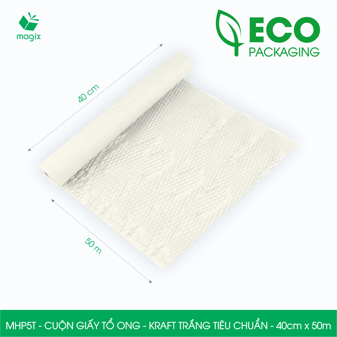 MHP5T - 40cm x 50m - Cuộn giấy tổ ong gói quà, gói hàng chống sốc - Kraft trắng kem Tiêu Chuẩn