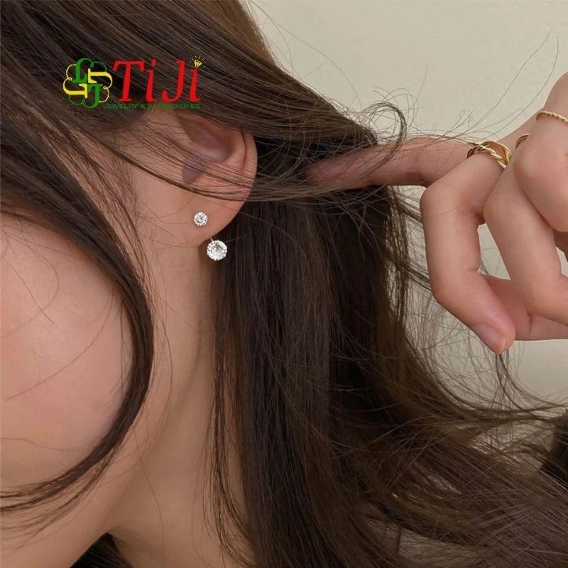 Bông tai inox nữ đá trắng kiểu cánh cung sáng đẹp không đen không gỉ sét thời trang