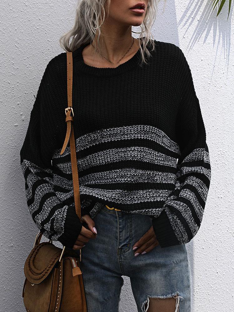 Women Loose Knitted Sweater Stripped Splicing Long Sleeve Mid-Length Pullover Tunics Casual Sweatshirt