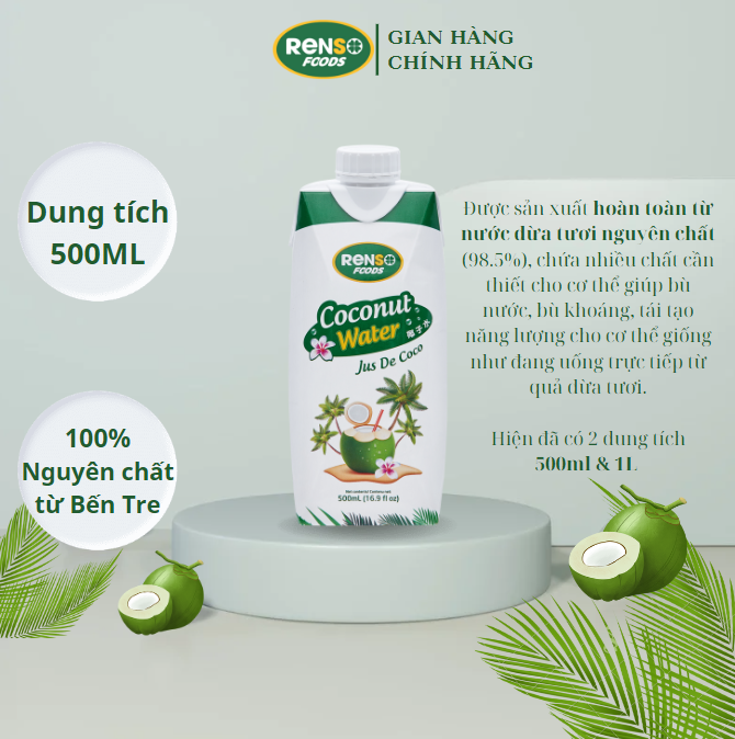 Thùng 12 Hộp Nước dừa tươi Renso - Chuẩn xuất khẩu - 500ml x 12 Hộp