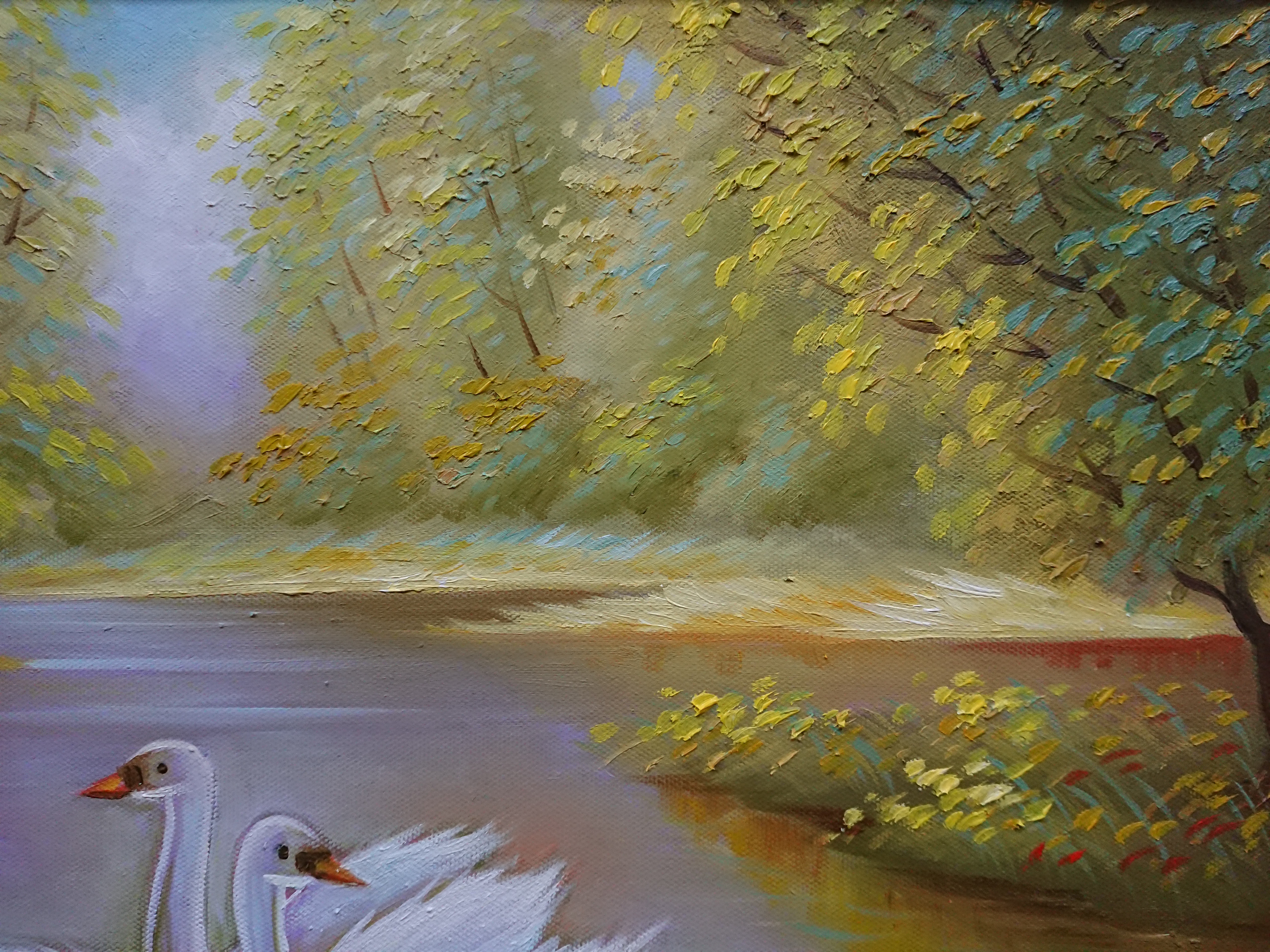 Tranh treo tường - Sơn dầu vẽ tay - Gia Đình Thiên Nga 40x50cm