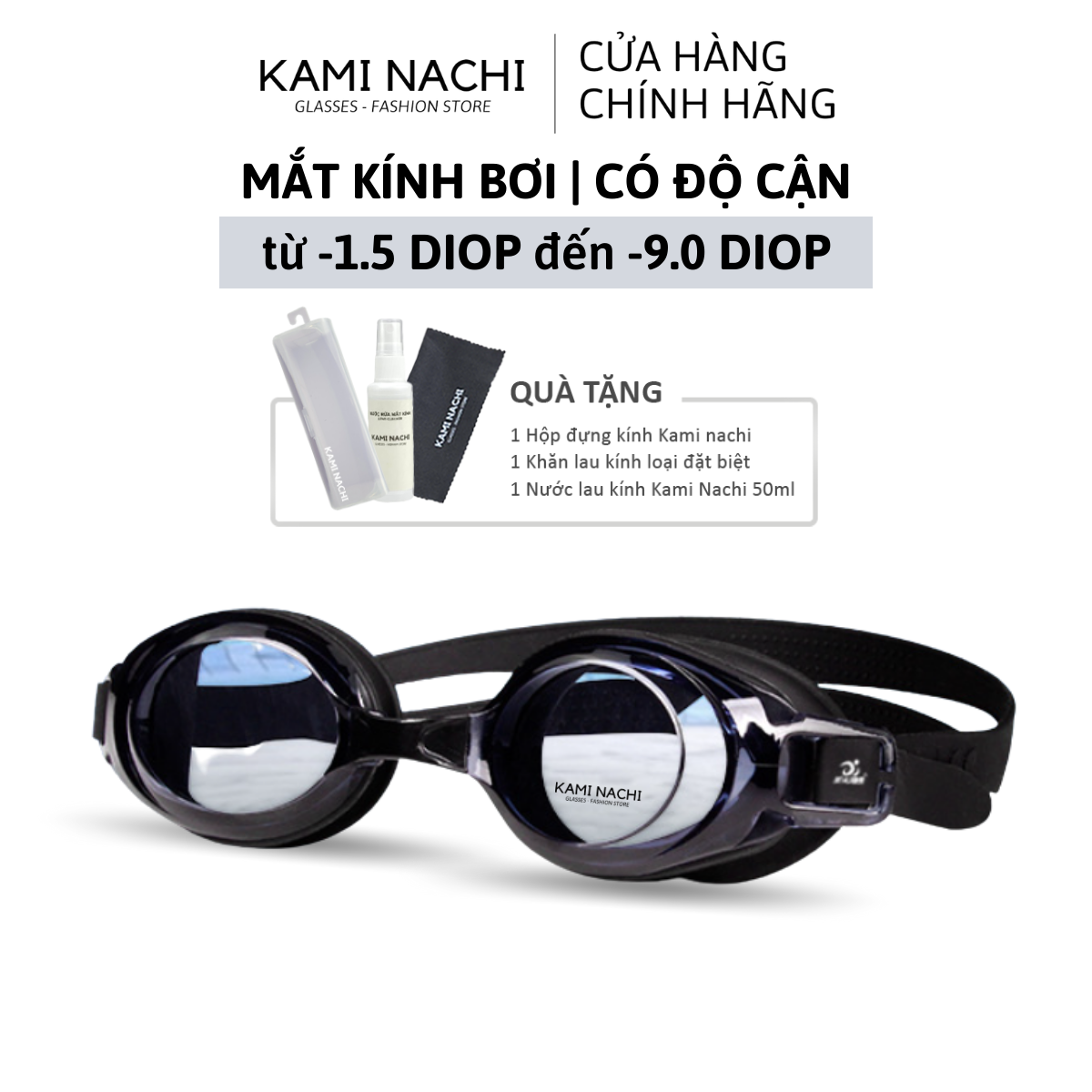Kính bơi cận cho người lớn nam nữ có độ từ 1.5 độ đến 9.0 độ chính hãng KAMI NACHI - Mắt kính bơi cận thị chống bám hơi nước