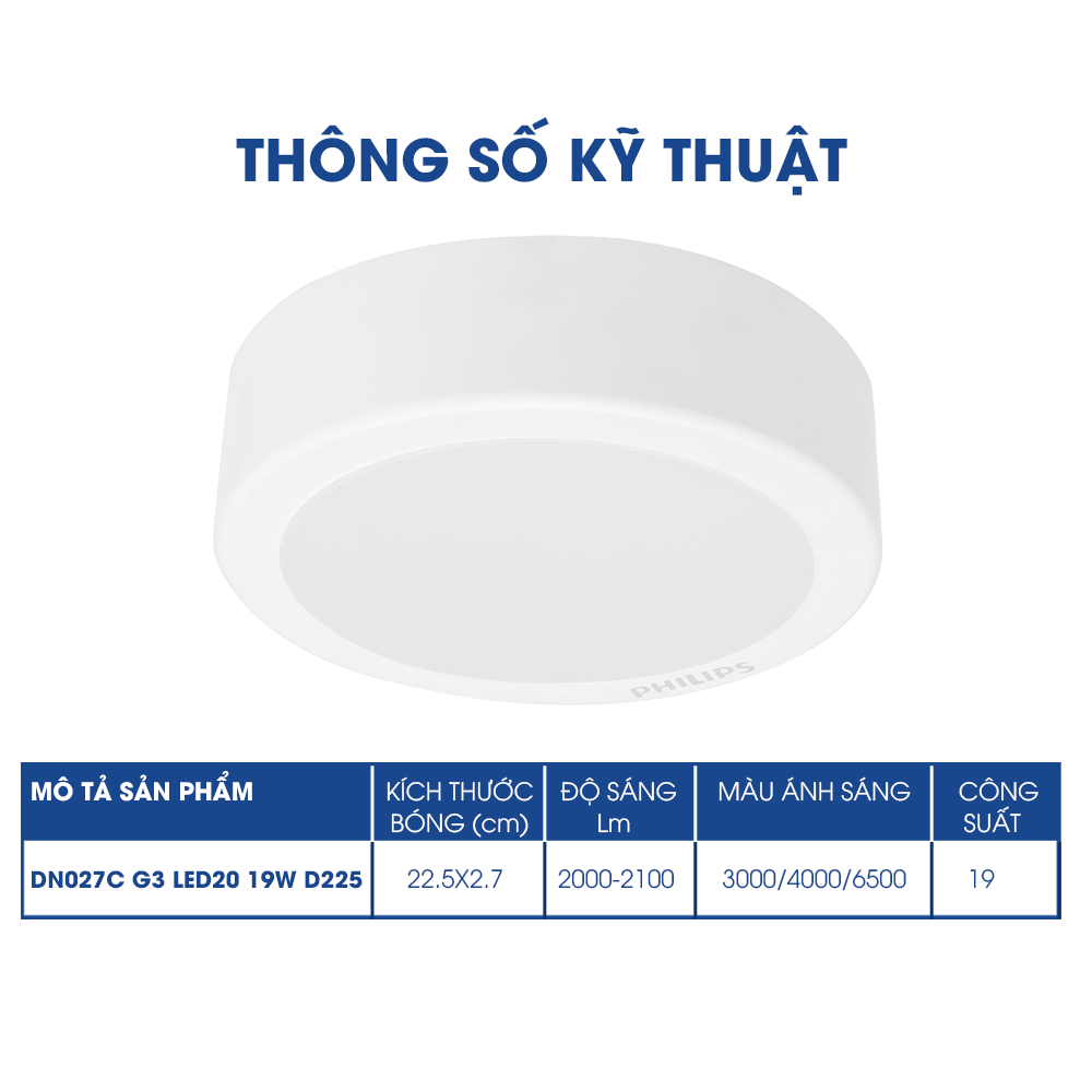 Bộ Đèn Philips LED Ốp Trần tròn lắp nổi DN027C Công suất