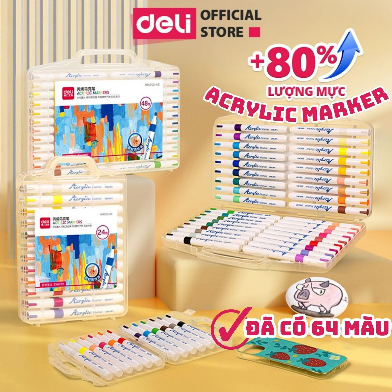 [MỚI] Bút Sơn Acrylic Marker Deli THÊM 80% MỰC - 12/24/36/48/64 Màu Tô Trên Mọi Chất Liệu DIY Vẽ Giày Vải Chai Lọ Nhựa