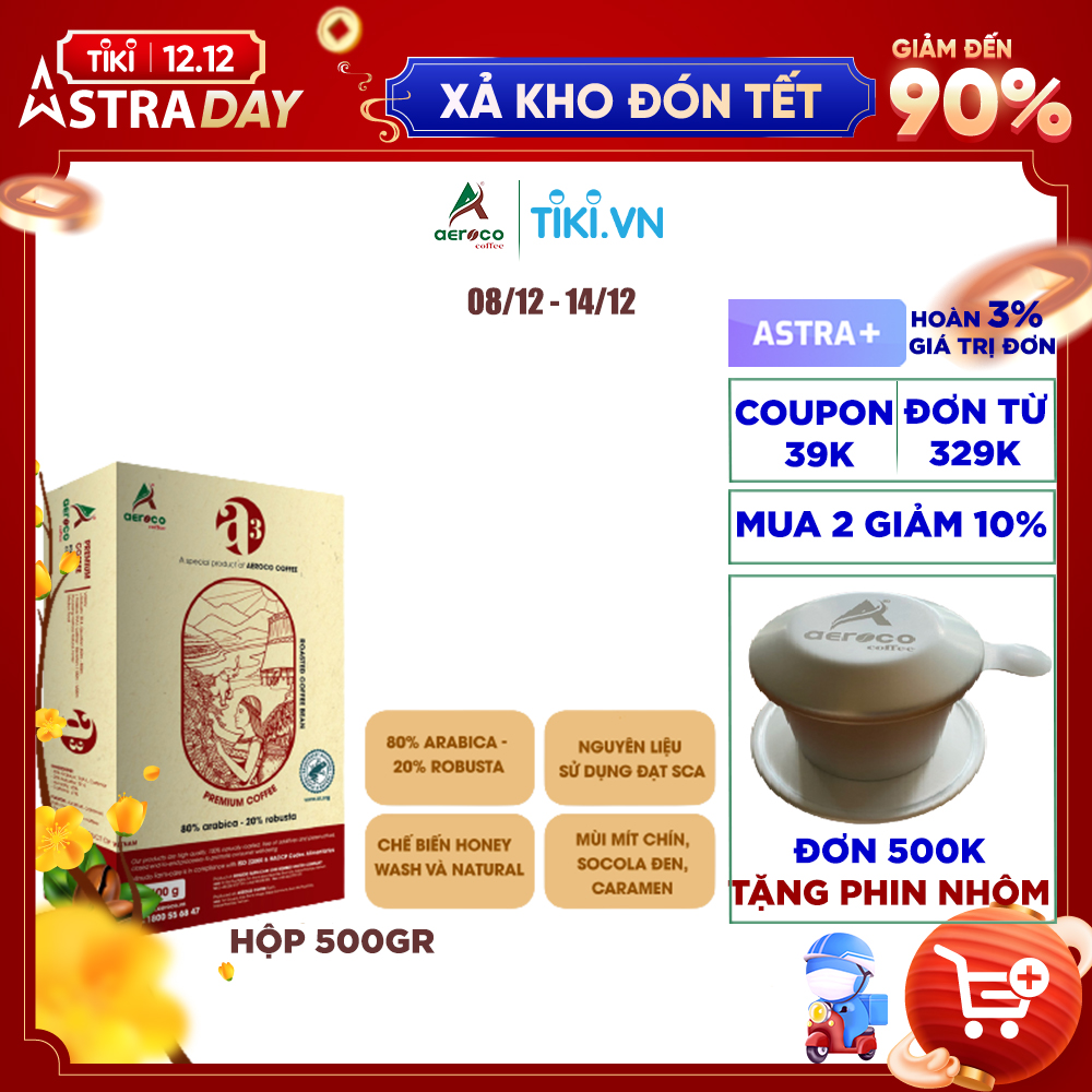 Cà phê hạt rang AEROCO A3 pha phin và pha máy, hộp 500g, nguyên chất 100% rang mộc hậu vị ngọt thơm quyến rũ