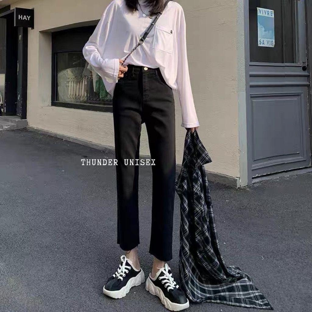 Quần Jean Nữ Ống Đứng Lưng Cao Gấu Rách Quần Bò Suông Co Giãn Màu Đen ThunderUnisex Phong Cách Hàn Quốc Ulzzang