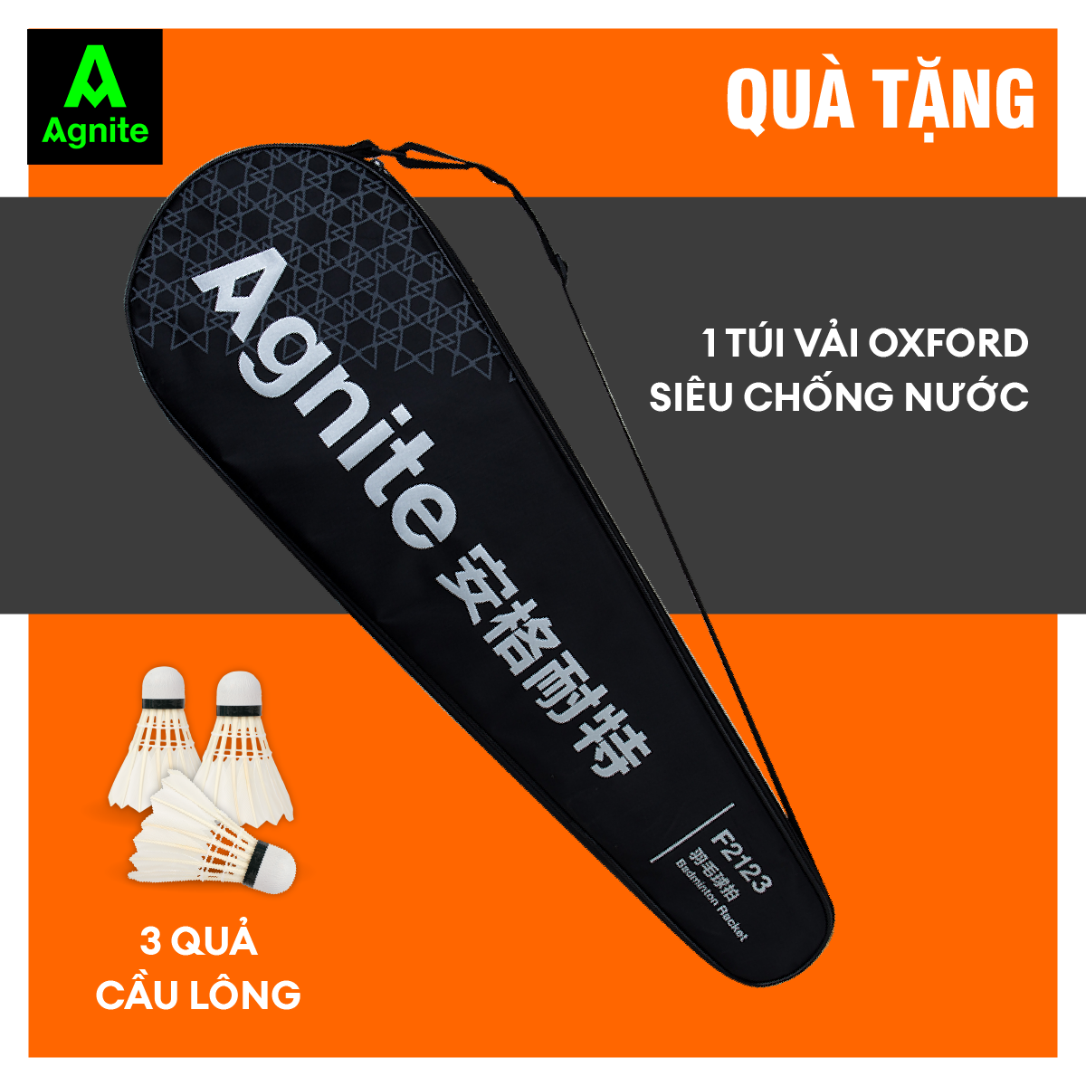 Vợt cầu lông đơn cao cấp chơi chuyên nghiệp Agnite, 100% CARBON, khớp nối liền siêu bền nhẹ tặng kèm phụ kiện
