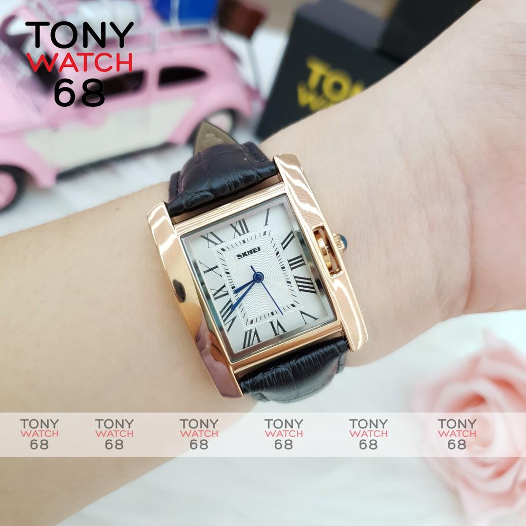 Đồng hồ nữ Skmei dây da mặt vuông viền vàng chính hãng Tony Watch 68