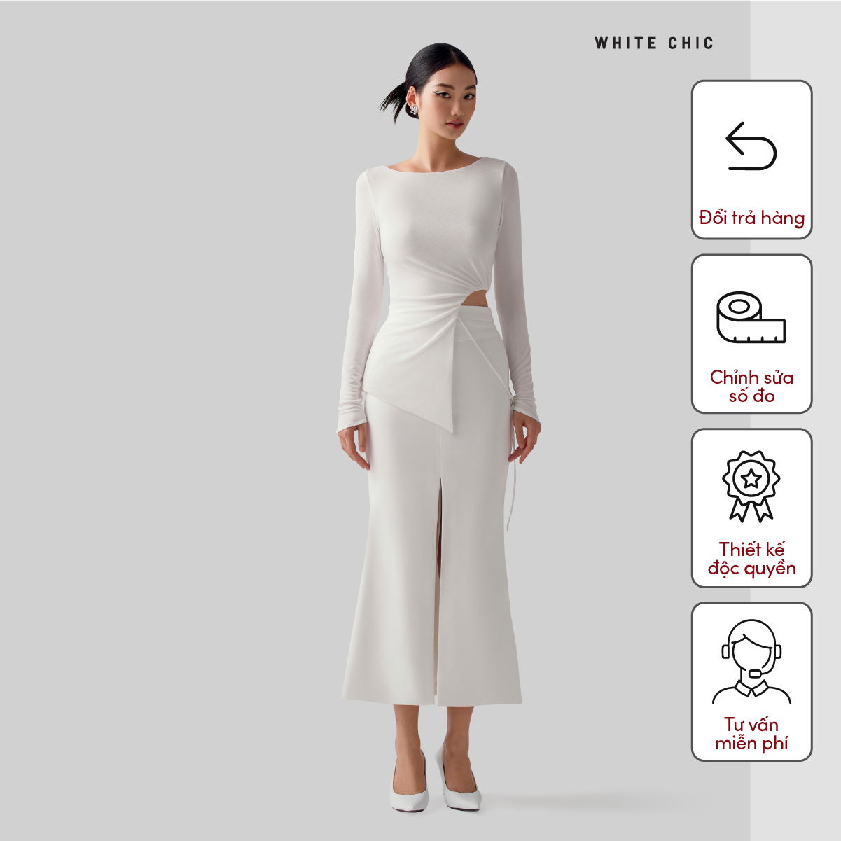 Áo kiểu nữ, cổ ngang, dài tay  TAYLOR  thiết kế cao cấp WHITE CHIC