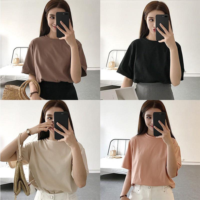 Áo thun dáng rộng cổ chữ V / chữ V màu trơn
