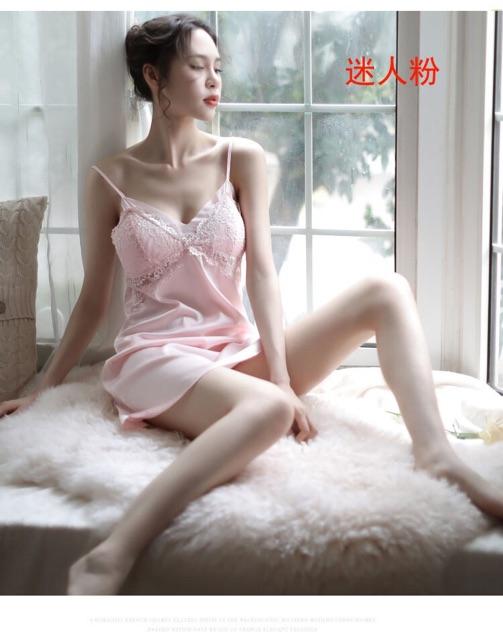 HÀNG CAO CẤP: Đầm ngủ đẹp 2 dây, Váy ngủ lụa đồ ngủ đẹp phòng the gợi cảm màu đỏ hồng đen