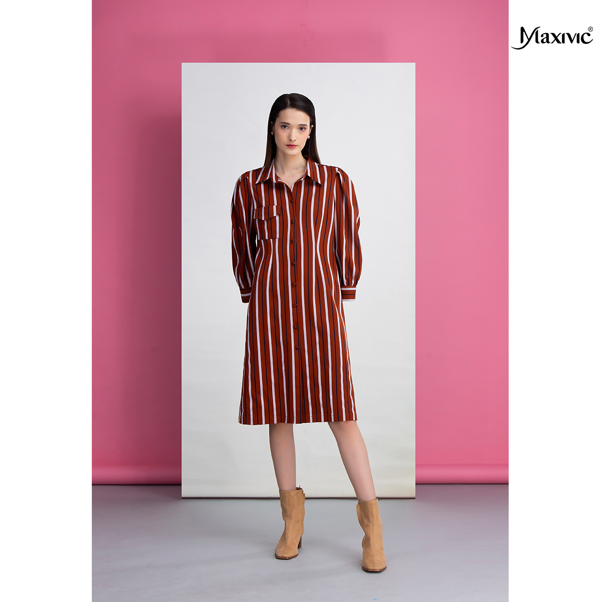 Đầm sơmi sọc nâu Maxivic M022334 
