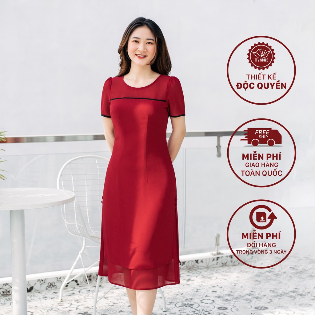 Đầm dự tiệc cách tân ao dài thiết kế cổ tròn phối viền - Đỏ đô - TTV784 TTV Store