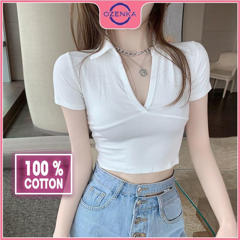 Áo croptop ôm cổ V polo nữ, áo thun ngắn cộc tay gợi cảm chất đẹp màu đen trắng freesize dưới 50 cân