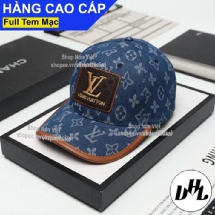 Mũ Lưỡi Trai Nón Kết LV Logo Thêu Nổi Vải Hoạ Tiết Kaki Cotton Jeans Màu Xanh Kết Viền Da Nâu Form Đứng