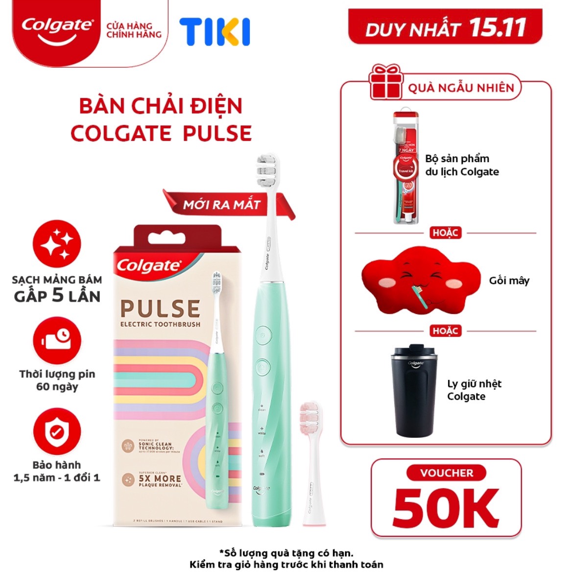 Bàn chải điện Colgate PULSE công nghệ sóng âm, sạch mảng bám gấp 5 lần, pin 60 ngày