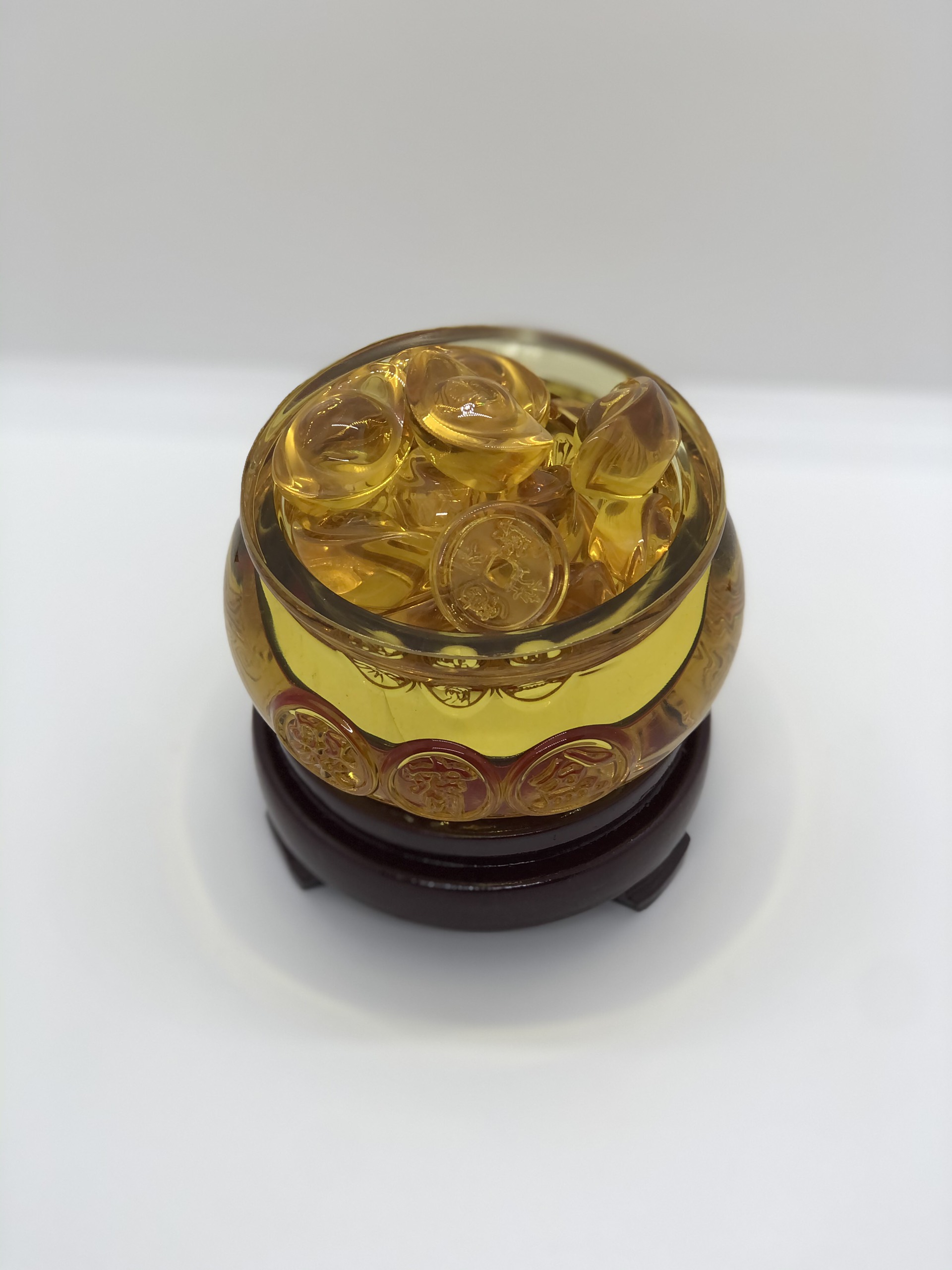 Bát Tụ Bảo Đá Lưu ly 10cm - Kèm Thỏi Vàng và Đôn Kê Gỗ