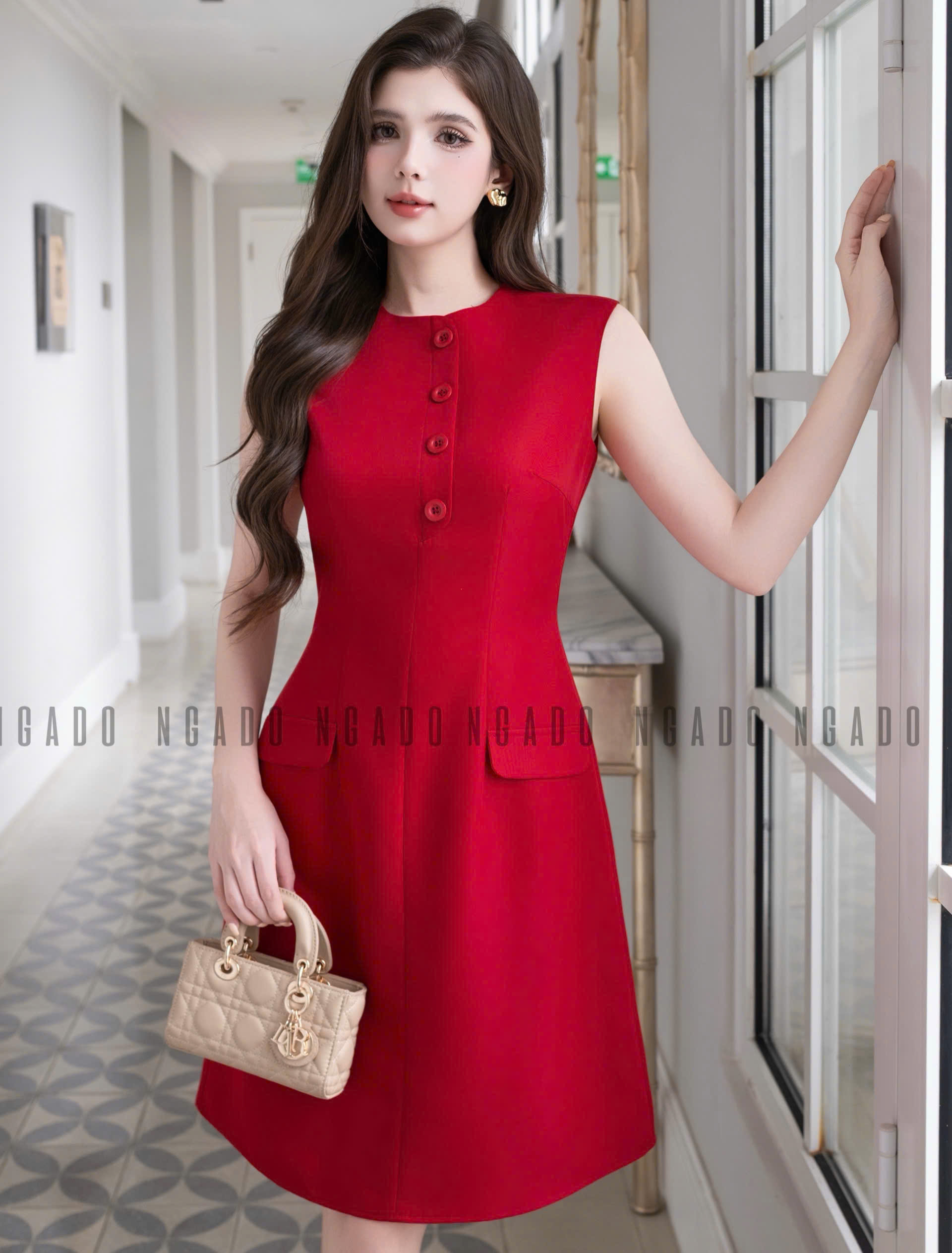 Đầm đỏ sát nách phối nút NGADO , đầm nữ , đầm công sở , dự tiệc