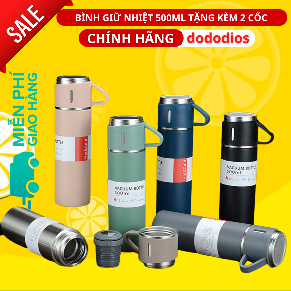 Bình Giữ Nhiệt 500ml Tặng Kèm 2 Cốc – Chọn Màu – Có Nút Nhấn Uống Trực Tiếp Kèm Hộp Quà Tặng Sang Trọng - Hàng chính hãng dododios