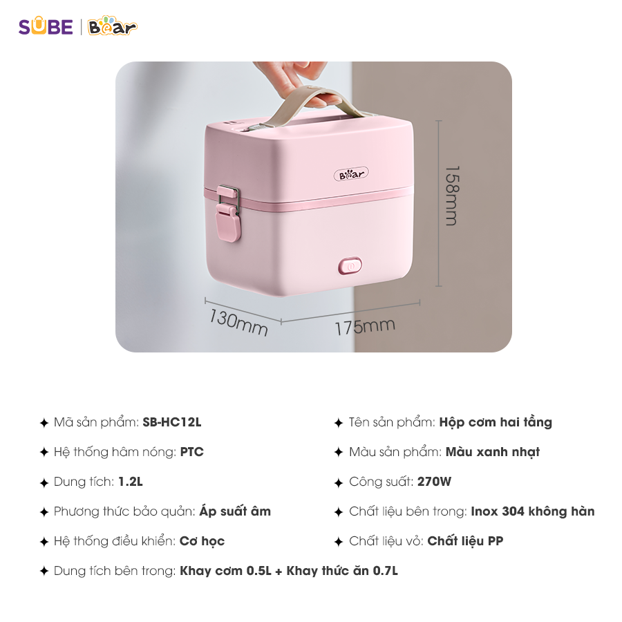 Hộp Cơm Cắm Điện Bear 2 Tầng 3 Ngăn Hâm Nóng Cực Nhanh Inox 304 An Toàn Giữ Nhiệt Chống Trào 1,2L SB-HC12L - Hàng Chính Hãng