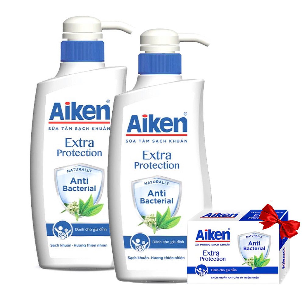 Bộ 2 Chai Sữa tắm Aiken Sạch khuẩn  Extra Protection Chiết Xuất Trà Xanh 350gr*2 + Tặng Xà Bông Cục Aiken 90gr