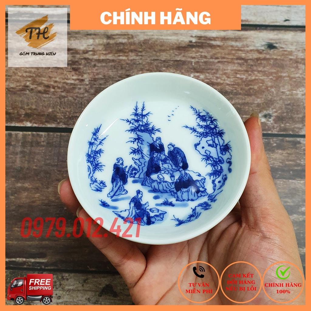 Bộ chén đĩa lẻ uống trà xanh men lam Bát Tràng cao cấp tích trúc lâm thất hiền