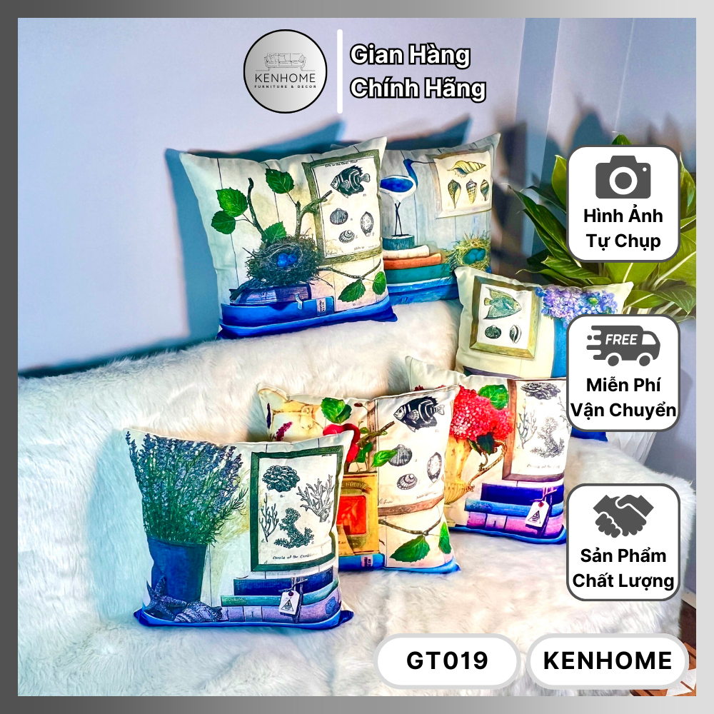 Gối Sofa Họa Tiết Trang Trí Phòng Khách - KENHOME - Gối Tựa Lưng Sofa Phong Cách Địa Trung Hải Cổ Điển - Chất Liệu Vải Bố - Kích Thước 45x45cm