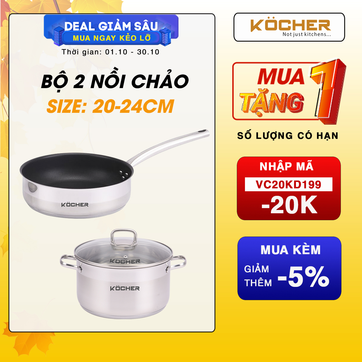 Combo bộ nồi chảo bếp từ cao cấp KOCHER chảo chống dính sâu lòng size 24cm &amp;amp; nồi cao cấp bếp từ size 20cm - Hàng chính hãng