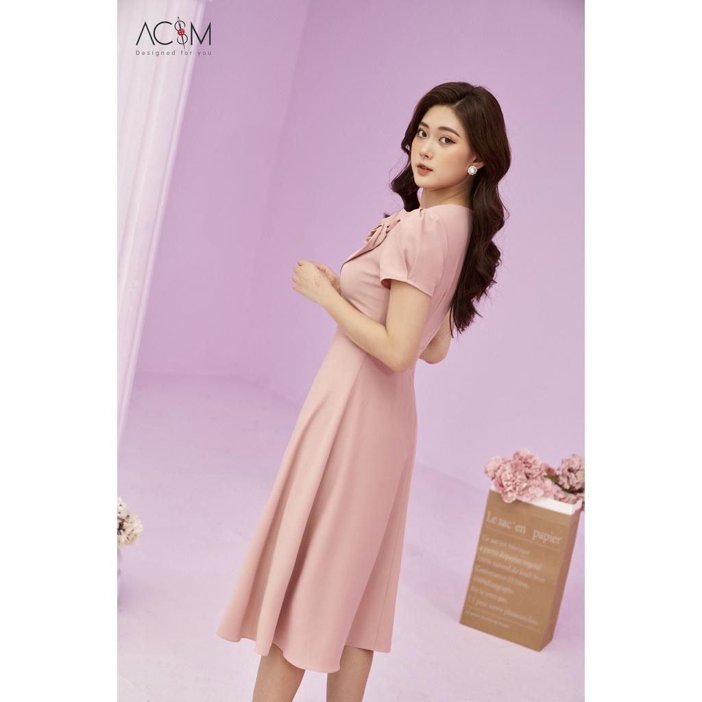 Hình ảnh Đầm xòe hoa cuốn AC&M chất liệu lụa trượt cao cấp - màu hồng