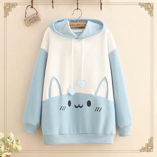 Áo hoodie nỉ lót bông nón có tai thỏ dài kute cho nữ || Hany Shop