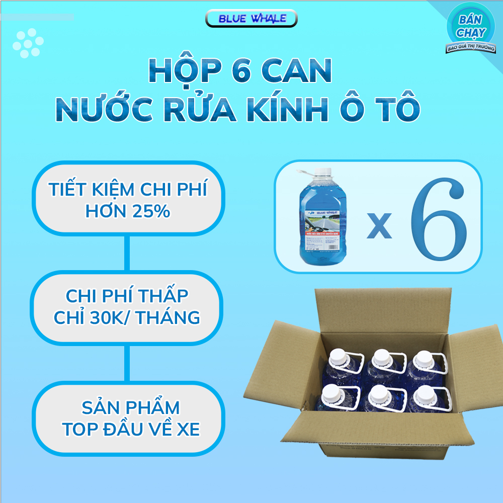 Hộp 6 can nước rửa kính ô tô Cá Voi 2L phù hợp mọi loại xe hơi, đổ trực tiếp vào bình chứa không cần pha thêm