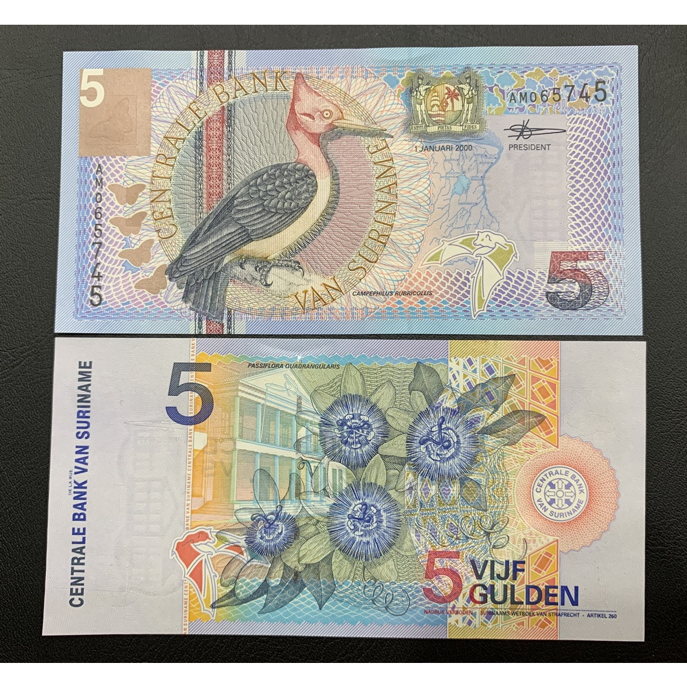 Tờ tiền Suriname 5 Gulden hình con chim sưu tầm, tiền châu Mỹ , Mới 100% UNC