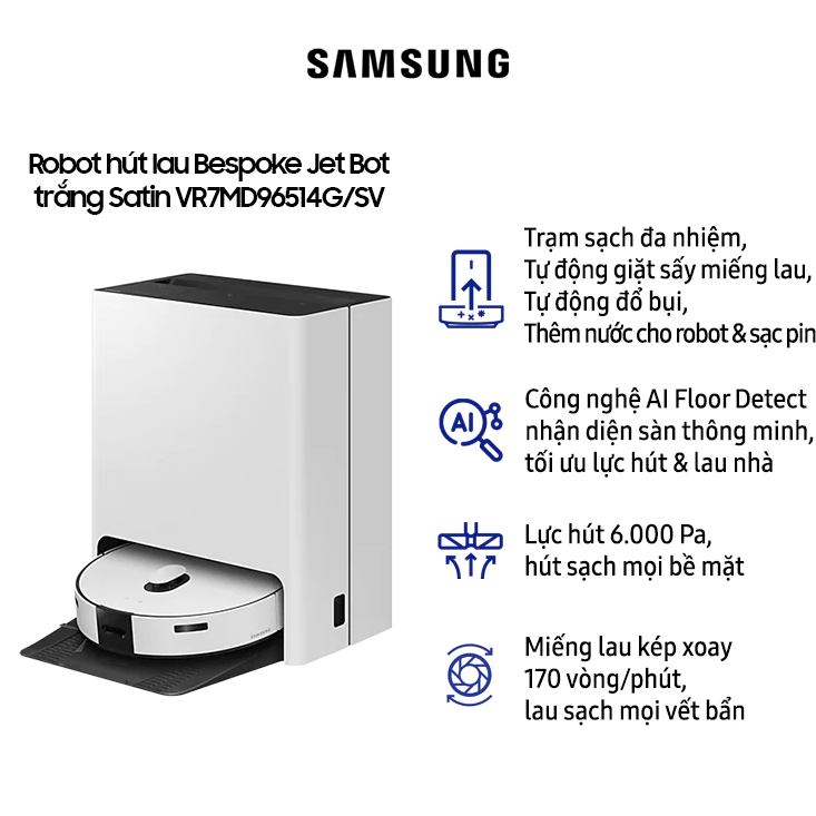 Robot hút bụi lau nhà Samsung VR7MD96514G/SV - Hàng Chính Hãng