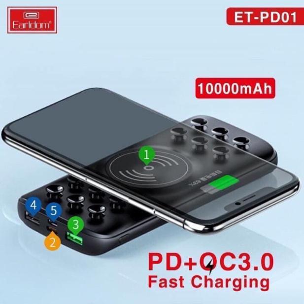 Sạc pin dự phòng không dây chuẩn sạc nhanh Earldom PD01 - Hàng chính hãng