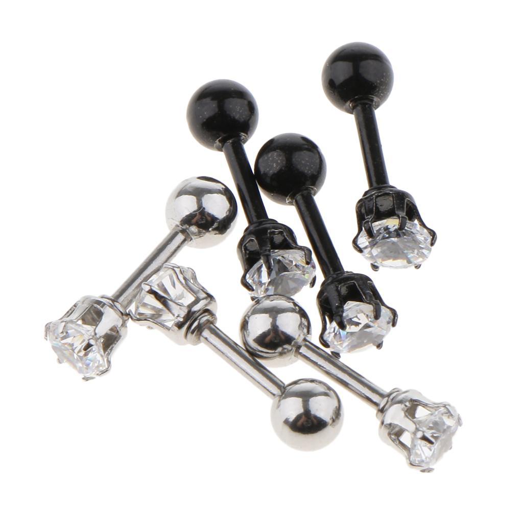 6 Pieces Black Silver Crystal Stainless Steel Ear Navel Belly Stud