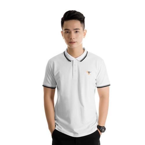 Áo polo nam in logo King Luxury phối bo sọc cotton cá sấu cổ bẻ tay ngắn PL08