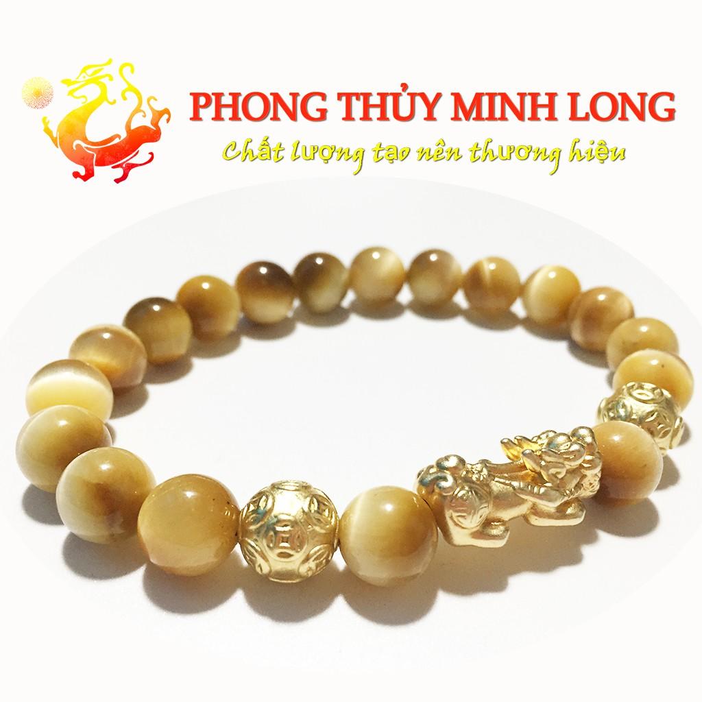 Vòng tay đá Mắt Hổ Vàng Tâm chất lượng 5A mix Tỳ Hưu và 2 Hạt Kim Tiền Vàng hợp mệnh Thổ và mệnh Kim